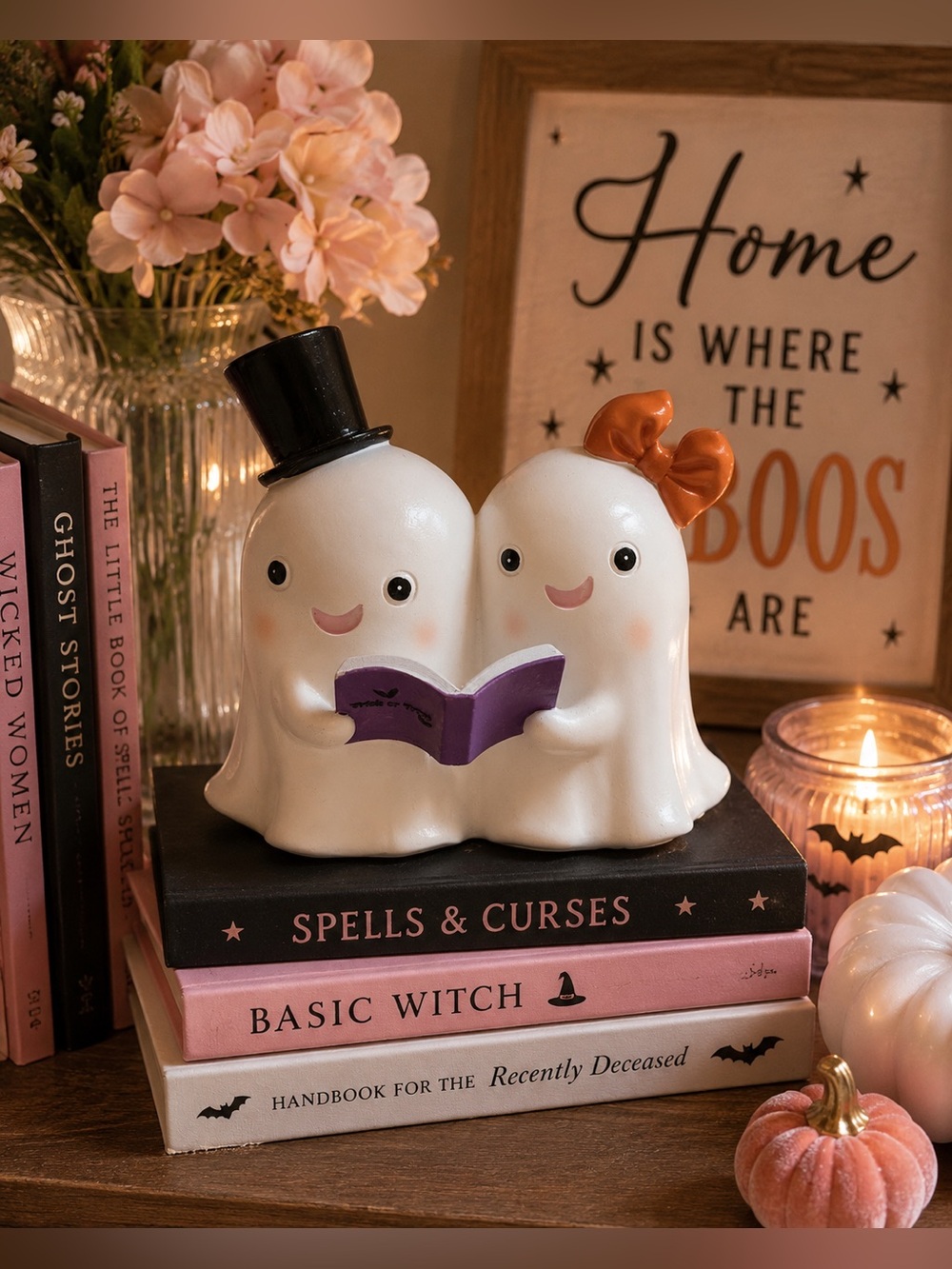 Cute Ghost Couple Reading Book Halloween Decor Figurine Top Hat Bow